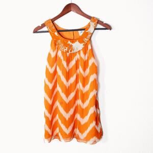 Milly Women’s Top Orange Chevron Sheer Beaded Neckline Lined Sleeveless Size 4